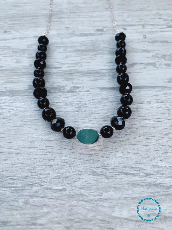 Collar agata negra con circulo de plata y aretes