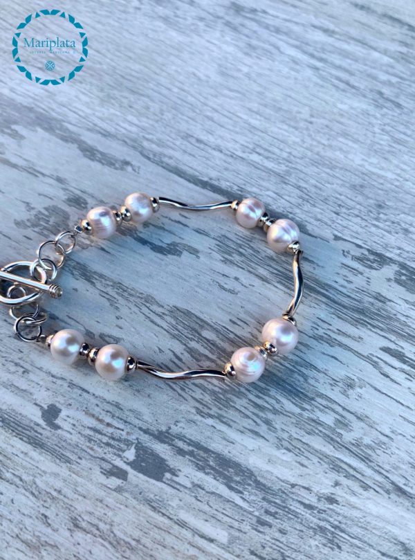 Pulsera dura plata perla