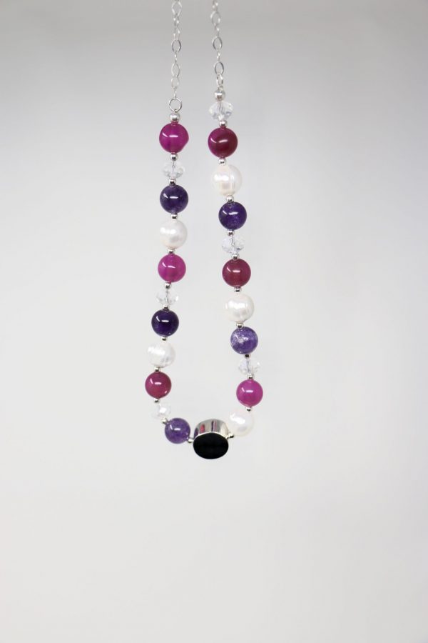 Collara agata rosa con morado, circulo de plata, perlas y aretes - Imagen 5