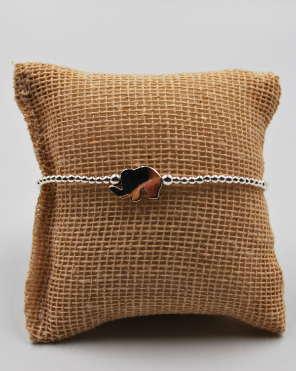 Pulsera elastica de bolitas de plata con Elefante