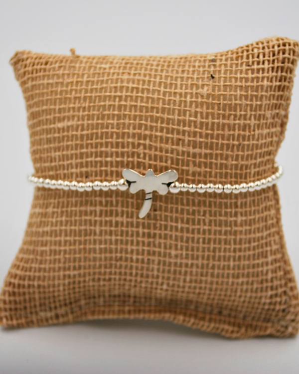 Pulsera elastica de bolitas de plata con libelula - Imagen 2