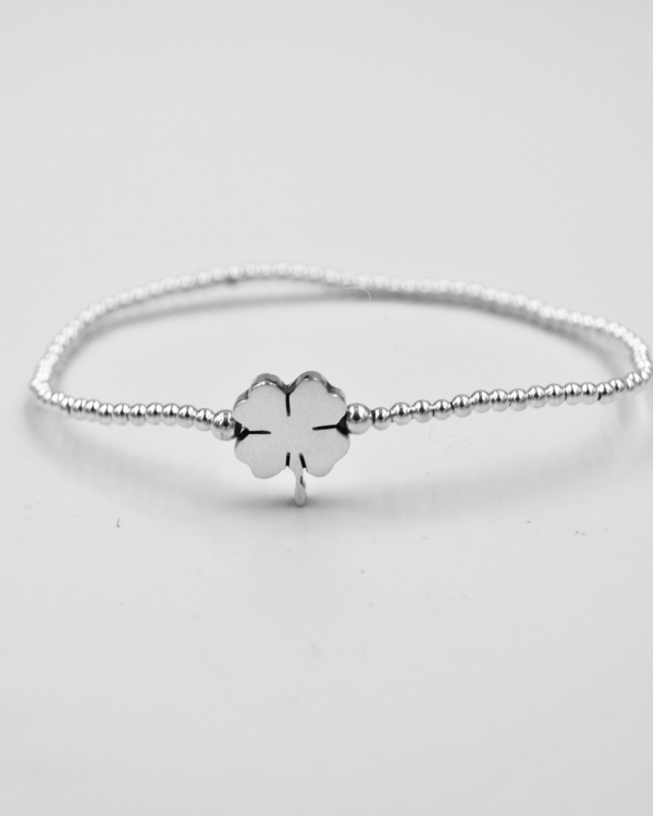 Pulsera elastica de bolitas de plata con trebol - Imagen 5