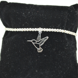 Pulsera de bolas de plata medianas con colibri colgante