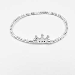 Pulsera elastica de bolitas de plata con una corona plana