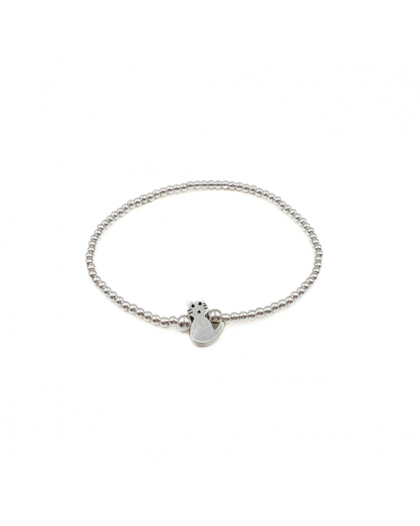 Pulsera elastica de bolitas de plata con gato