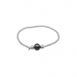 Pulsera elástica con dos esferas de plata y una perla azul en el centro