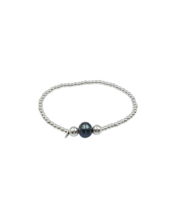 Pulsera elástica con dos esferas de plata y una perla azul en el centro